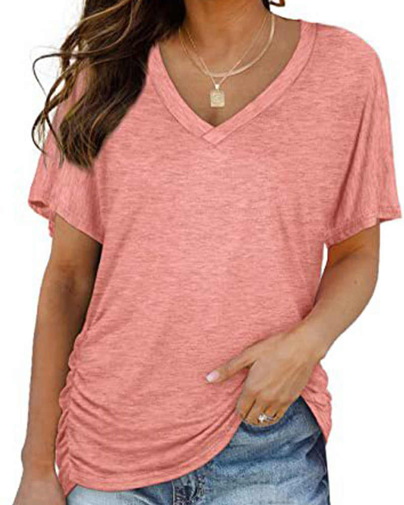 Pleated Solid Color V-Neck T-Shirt