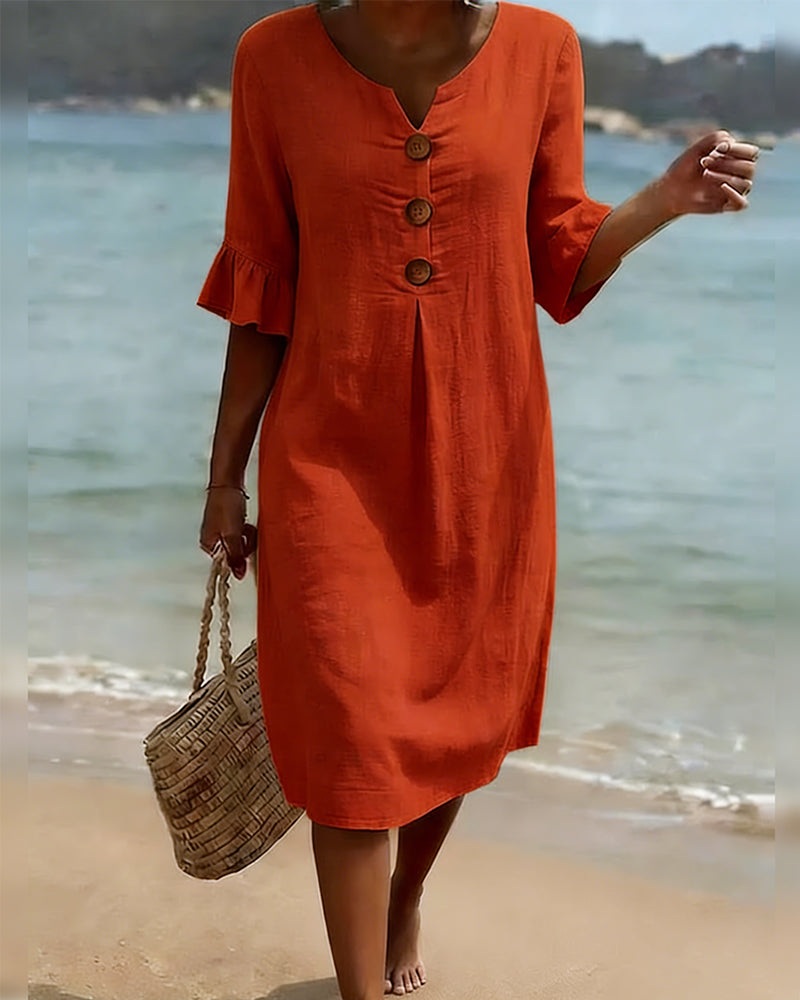 Button Ruffle Sleeve 100% Cotton Dress