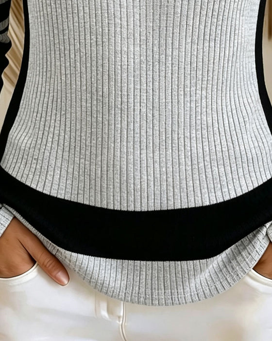 U-Neck Button Contrast Color Blouse