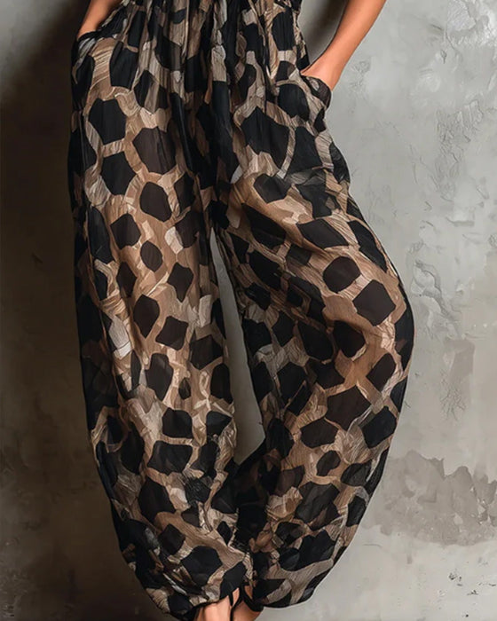 Leopard Print Suspender Wide Leg Jumpsuit