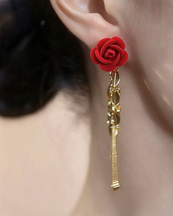 Flocked Rose Heart Long Drop Earrings