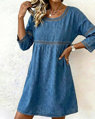 Hollow-Out Short-Sleeved Denim Dress