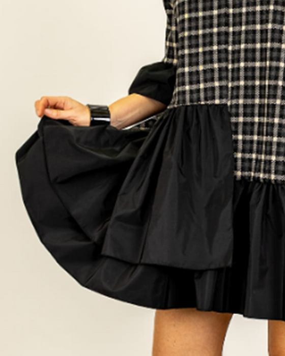 Short-Sleeved Plaid V-Neck Patchwork Dress