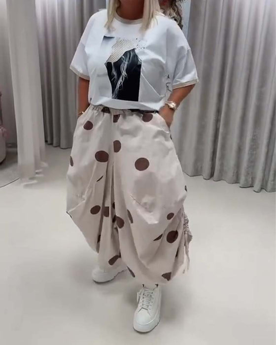 Drawstring Pocket Polka Dot Loose Fit Harem Pant