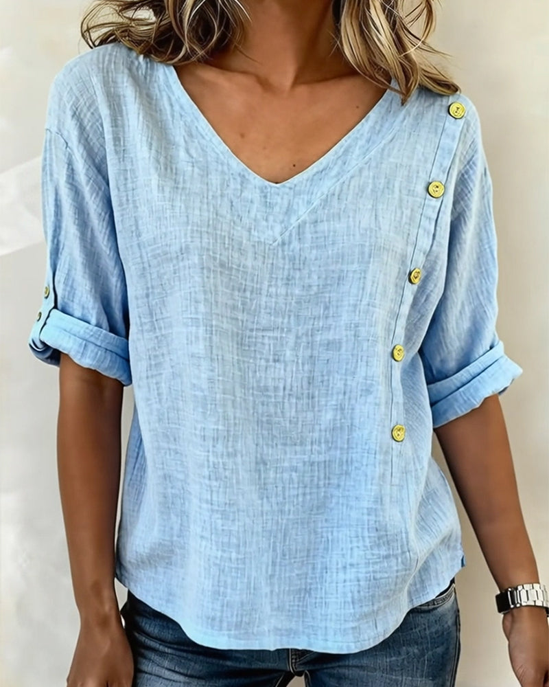 V-Neck Cotton And Linen Button-Down Top