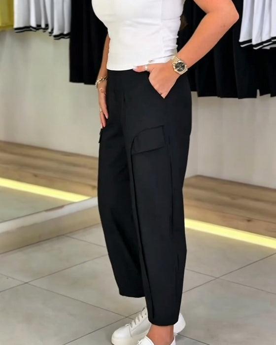 Solid Color Pocket Cropped Casual Pants