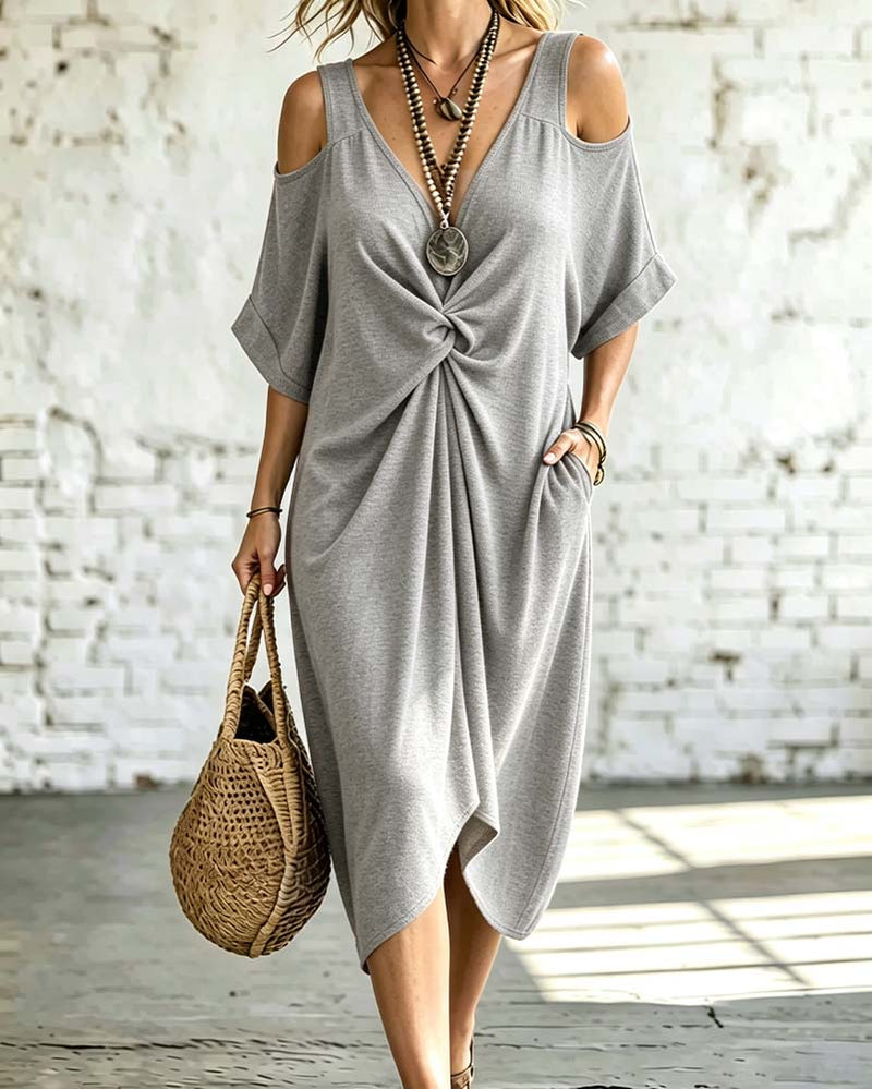 Solid Color Cold Shoulder Shirred Dress