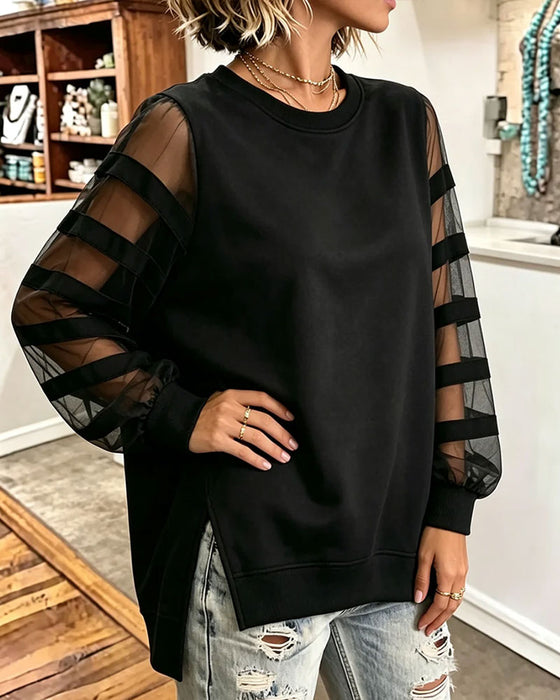 Round Neck Slit Solid Color Tulle Sweatshirt