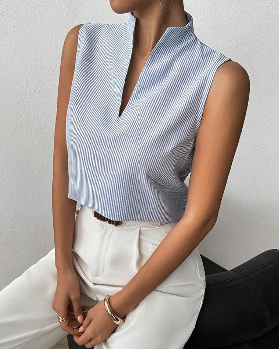 Sleeveless V-Neck Striped Blouse