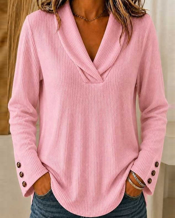 Solid Button V-Neck Long Sleeve Top