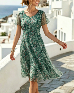 Floral Short Sleeve A-Line Dress
