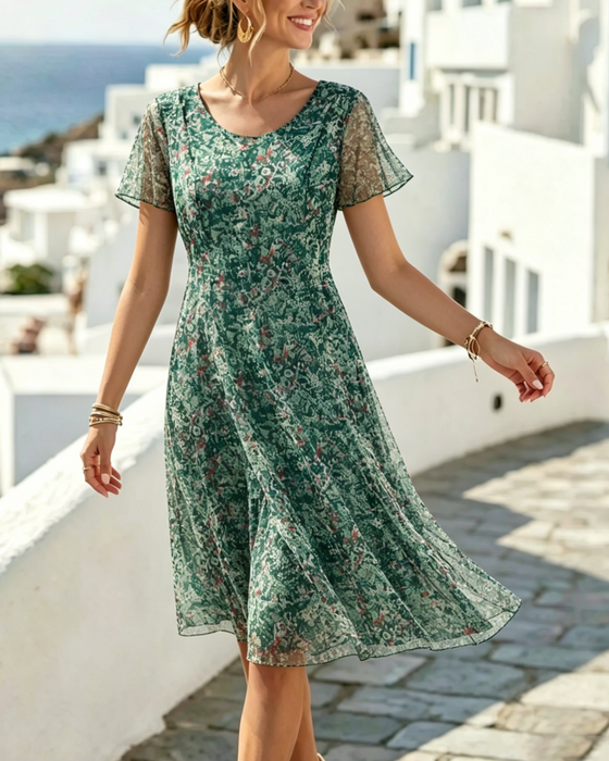 Floral Short Sleeve A-Line Dress