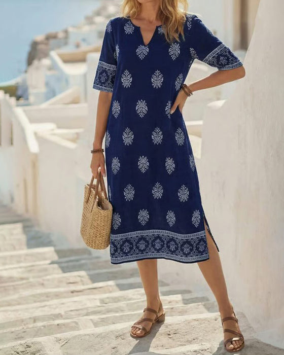 V-Neck Printed Straight Dress