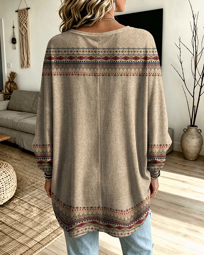 V-Neck Printed Contrasting Long-Sleeved Loose Top