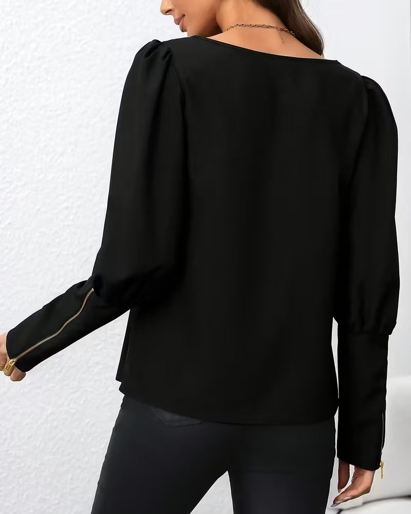 Zipper Puff Sleeve Blouse