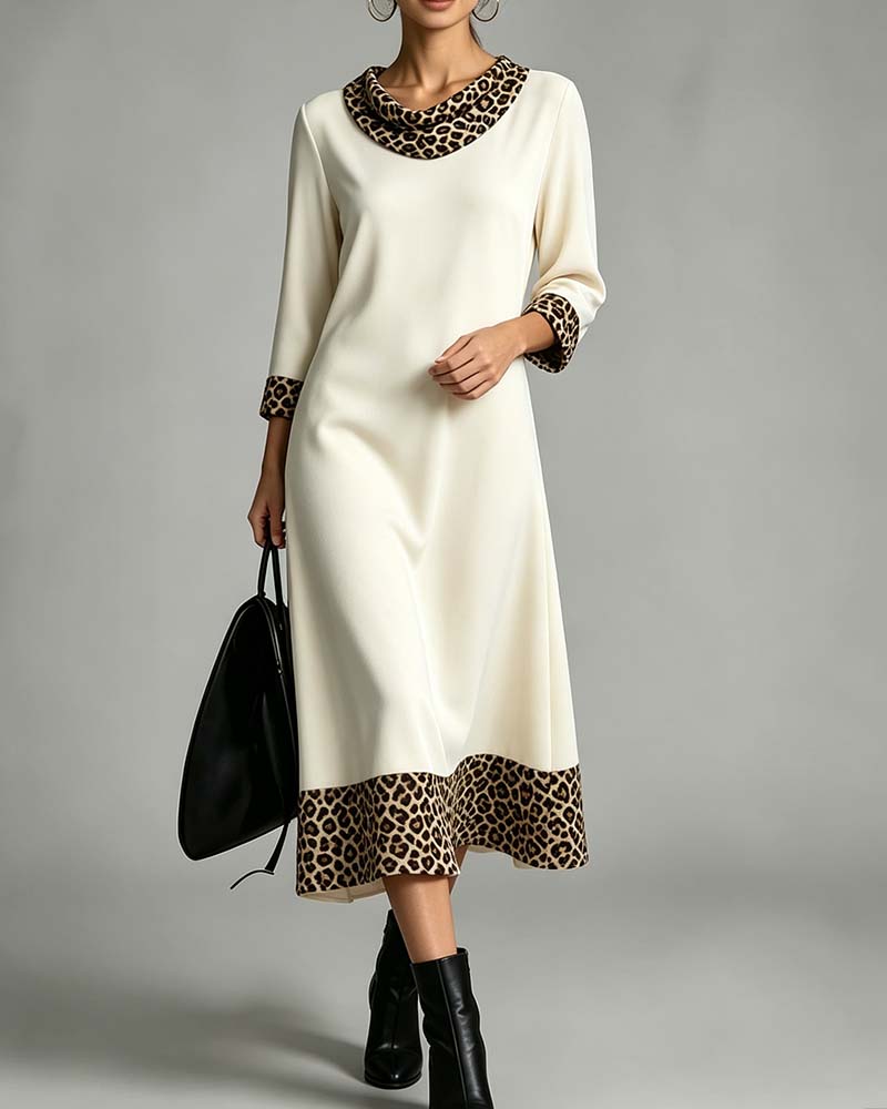 Slouchy Mock Neck Leopard Elbow-Length Sleeve Dress