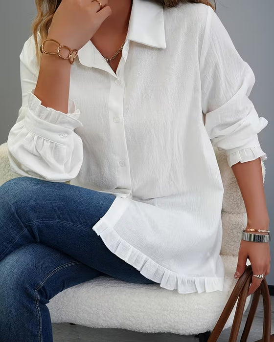 Cotton Ruffled Hem Collared Shirt