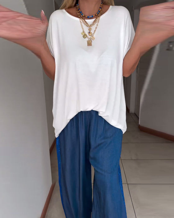 Solid color round neck short sleeve T-shirt