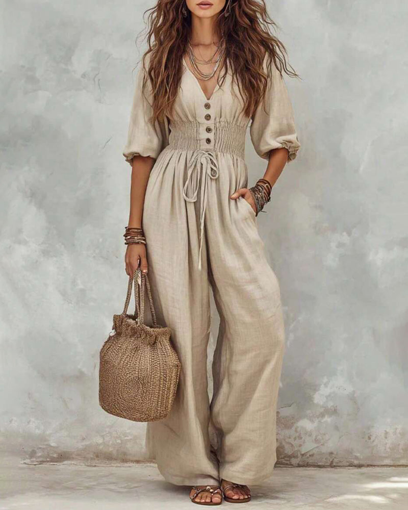 V-Neck Button Elastic Waist Puff Sleeve Jumpsuit