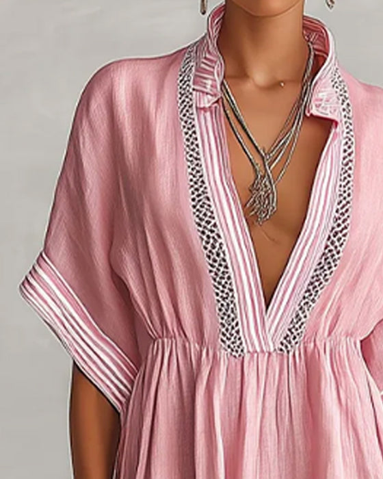 V-Neck Ruched Striped Loose Dress