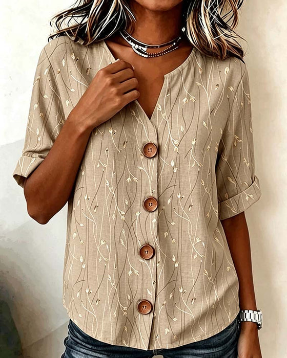 Mini V-Neck Button Casual Blouse