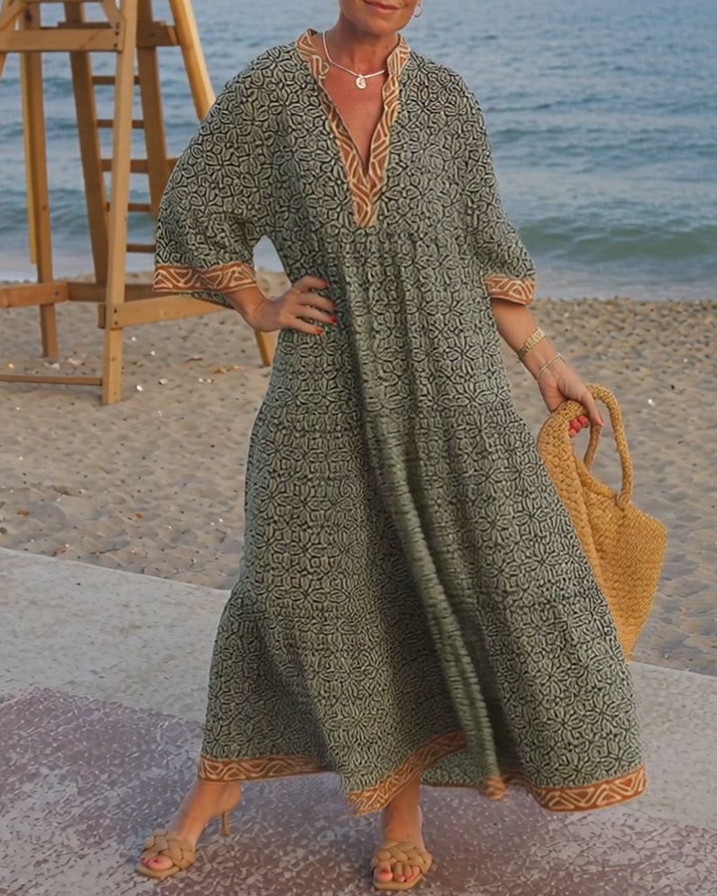 V-Neck Three-Quarter Sleeve Print Vacation Dress