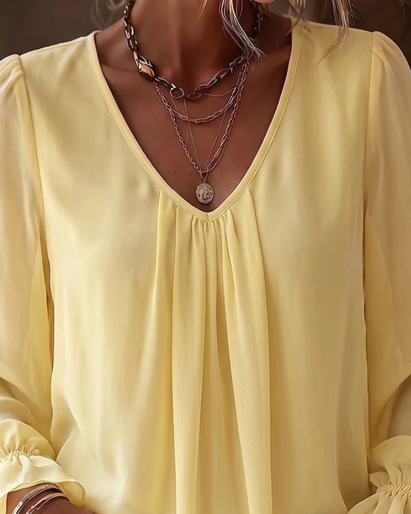 V-Neck Smocked Puff Sleeve Ruffle Blouse