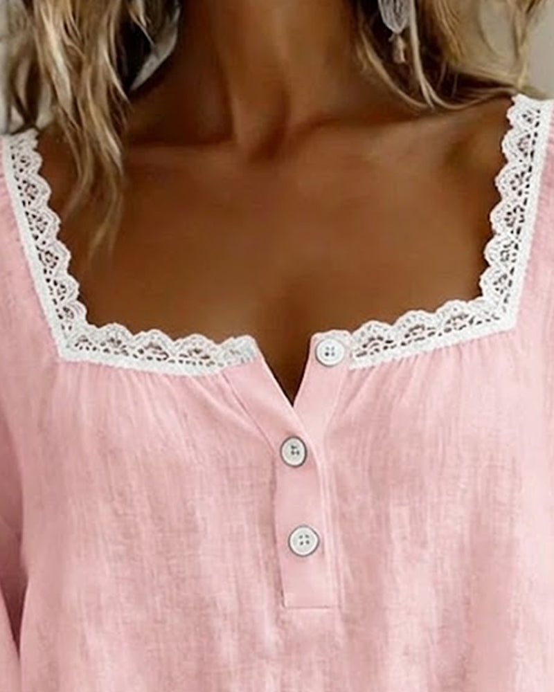 Square Neck Lace Puff Sleeve Blouse