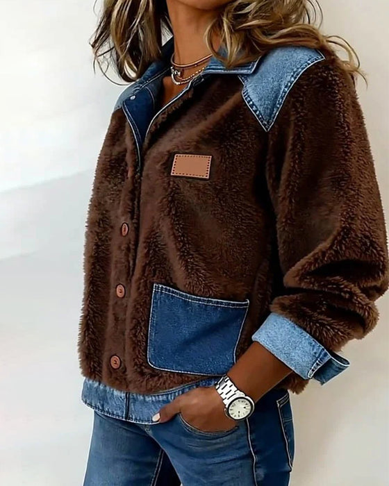 Stylish Denim Color-Blocked Warm Jacket