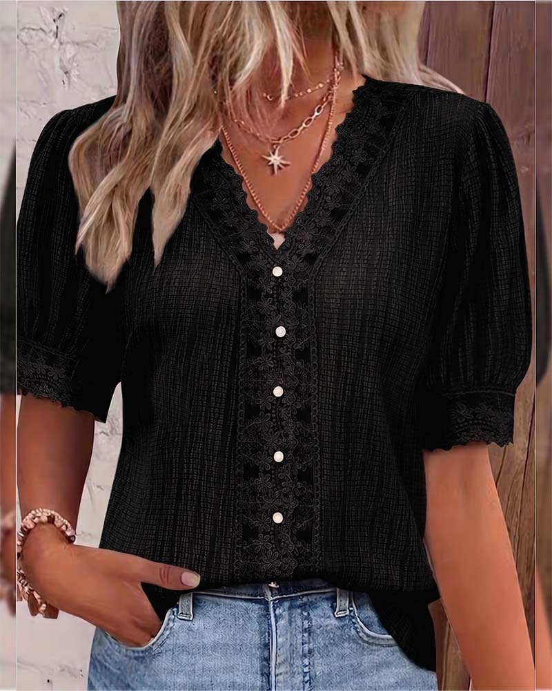 Lace Patchwork V-Neck Puff Sleeve Blouse