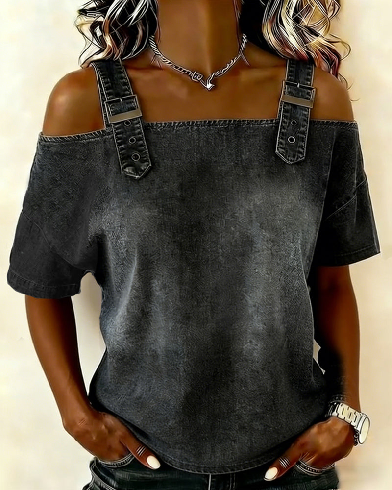 Off-Shoulder With Shoulder Strap Denim Blouse