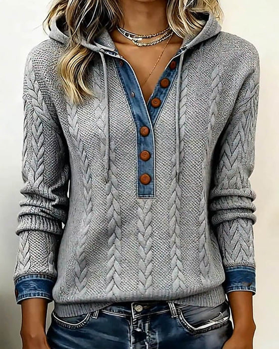 Color-Blocked Button Long-Sleeved Hooded