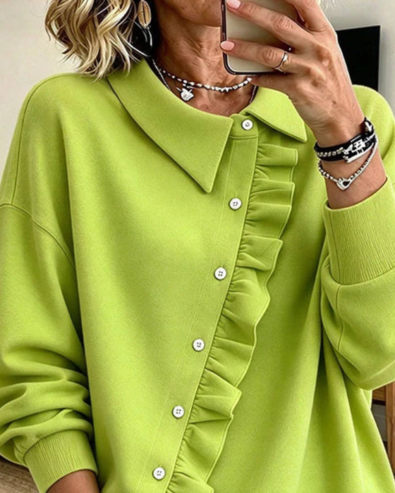 Lapel Ruffled Diagonal Button Sweatshirt