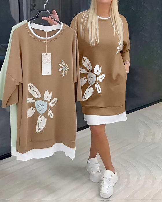 Crew Neck Printed Patchwork Sweatshirt Dress