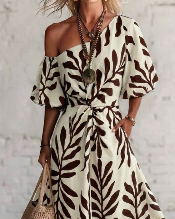 One-Shoulder Leaves Pattern Waist Dress