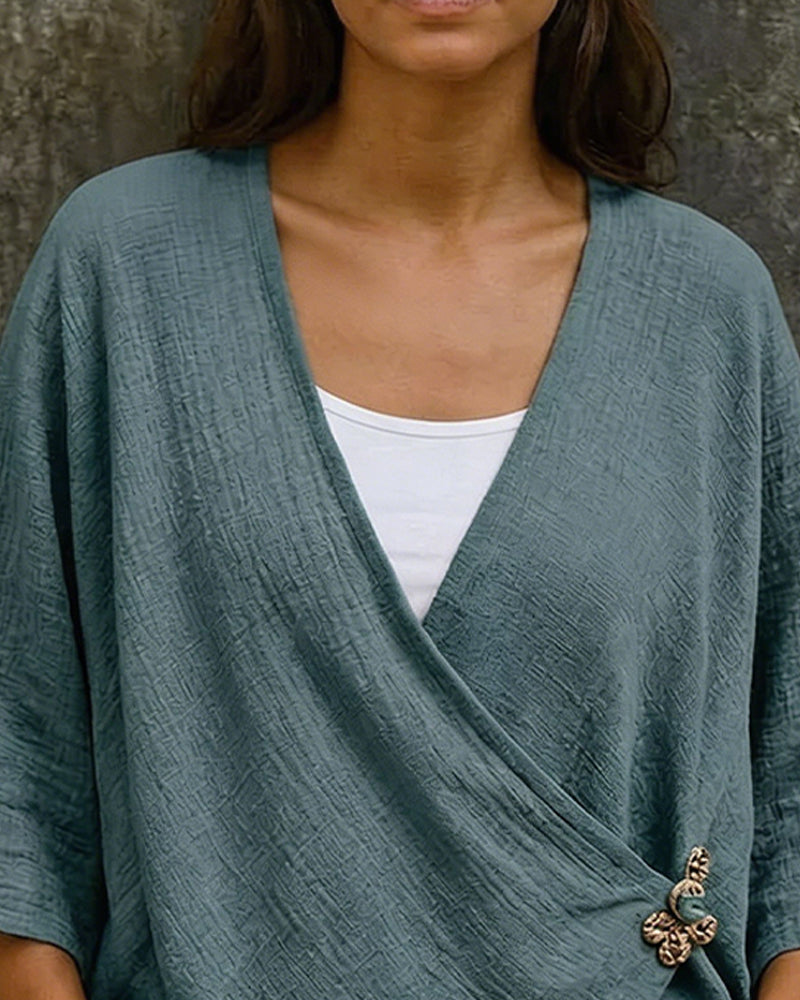 V-Neck Cross Front Three-Quarter Sleeve Blouse
