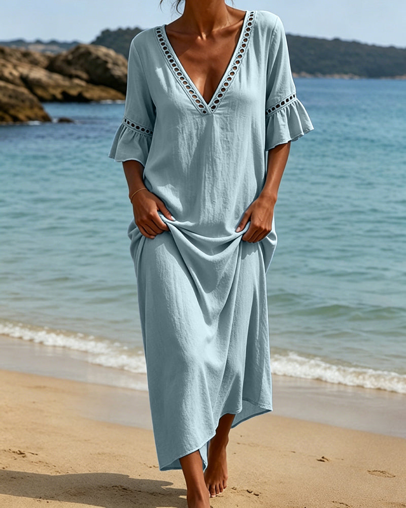 Deep V Ruffle Sleeve Hollow Lace Dress