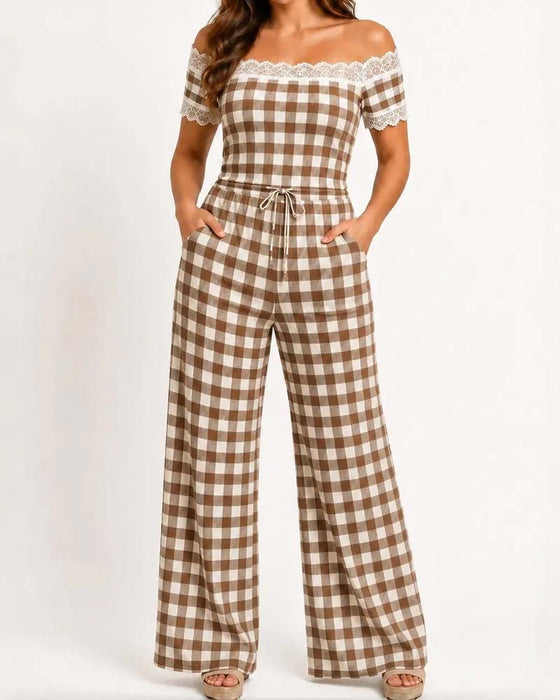 Off-Shoulder Lace Trim Stripe Wide Leg Pants Set