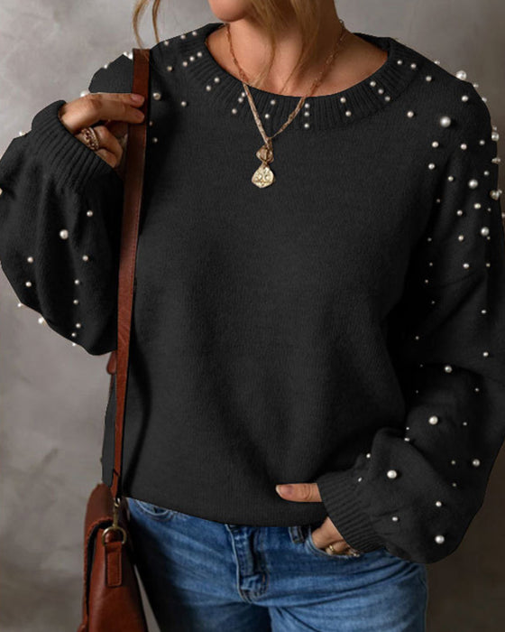 Beaded Long Sleeve Crew Neck Pullover