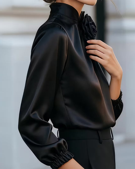 Turtleneck Rose Long Sleeve Blouse