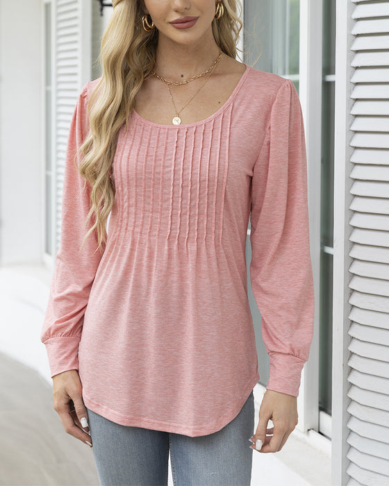 Casual solid color round neck pleated top