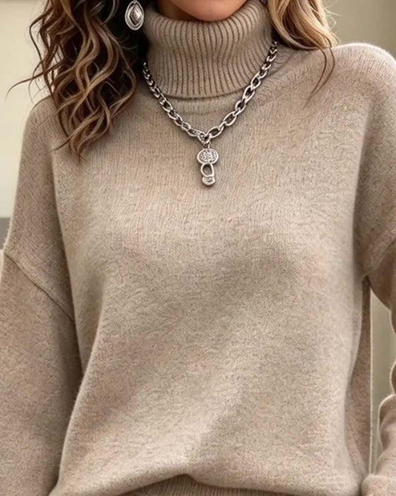 High Collar Pullover Long Sleeve Pleated Skirt Set