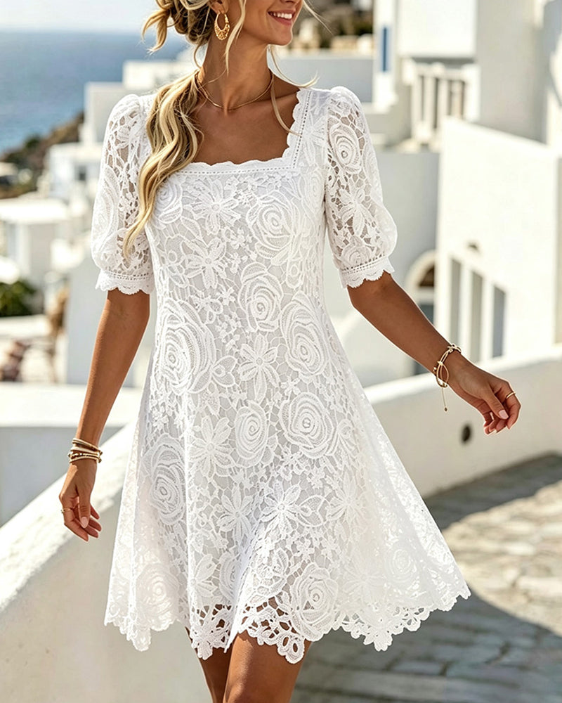Lace Patchwork Hollow Square Neck Dress