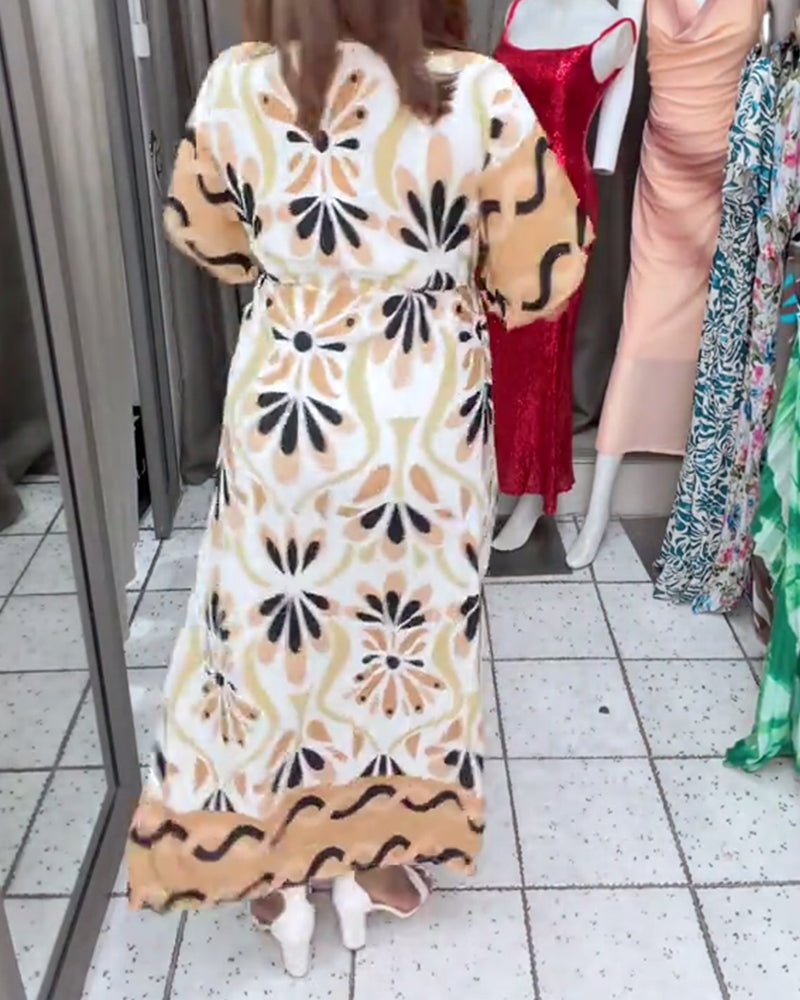 Color Block Floral Short Sleeve Maxi Dress