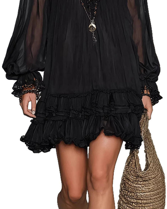 V-Neck Long Sleeve Ruffle Dress