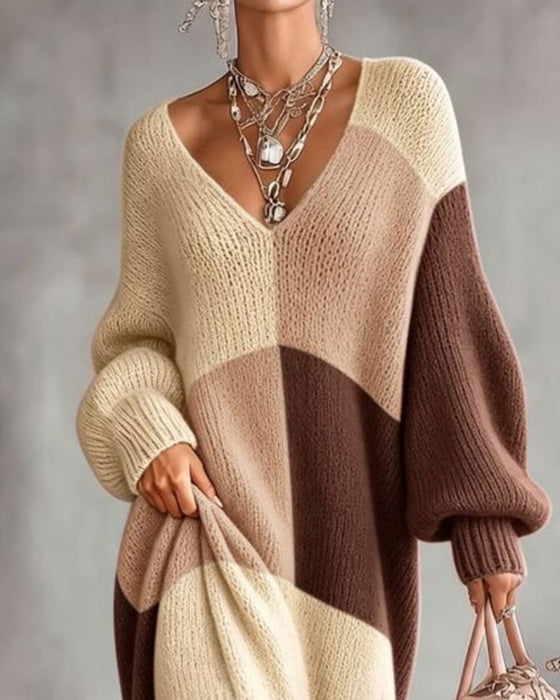 Plaid Color Block V-Neck Long Sweater Dress