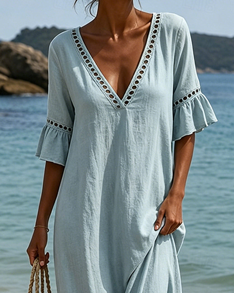Deep V Ruffle Sleeve Hollow Lace Dress