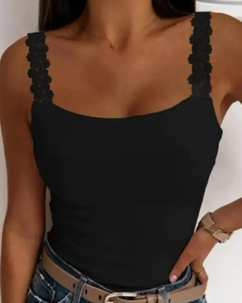 Lace Trim Strap Solid Sexy Camis