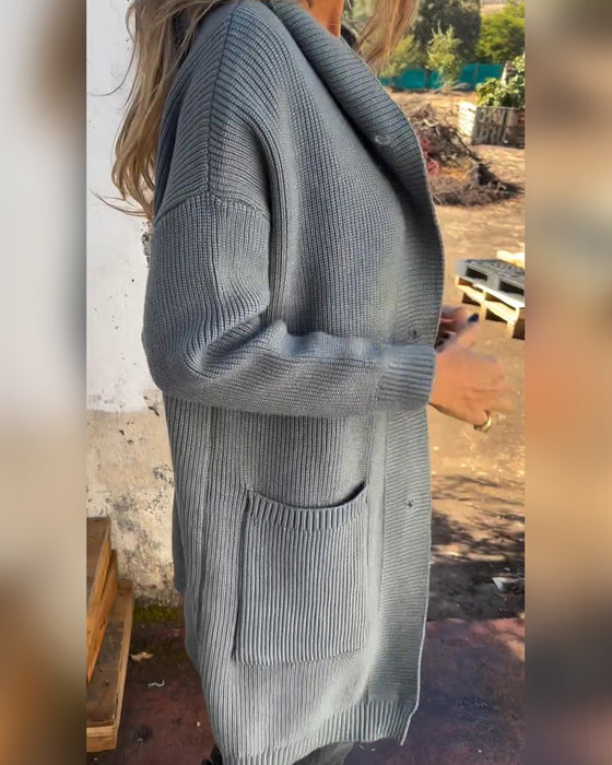 Casual solid color button pocket hooded cardigan