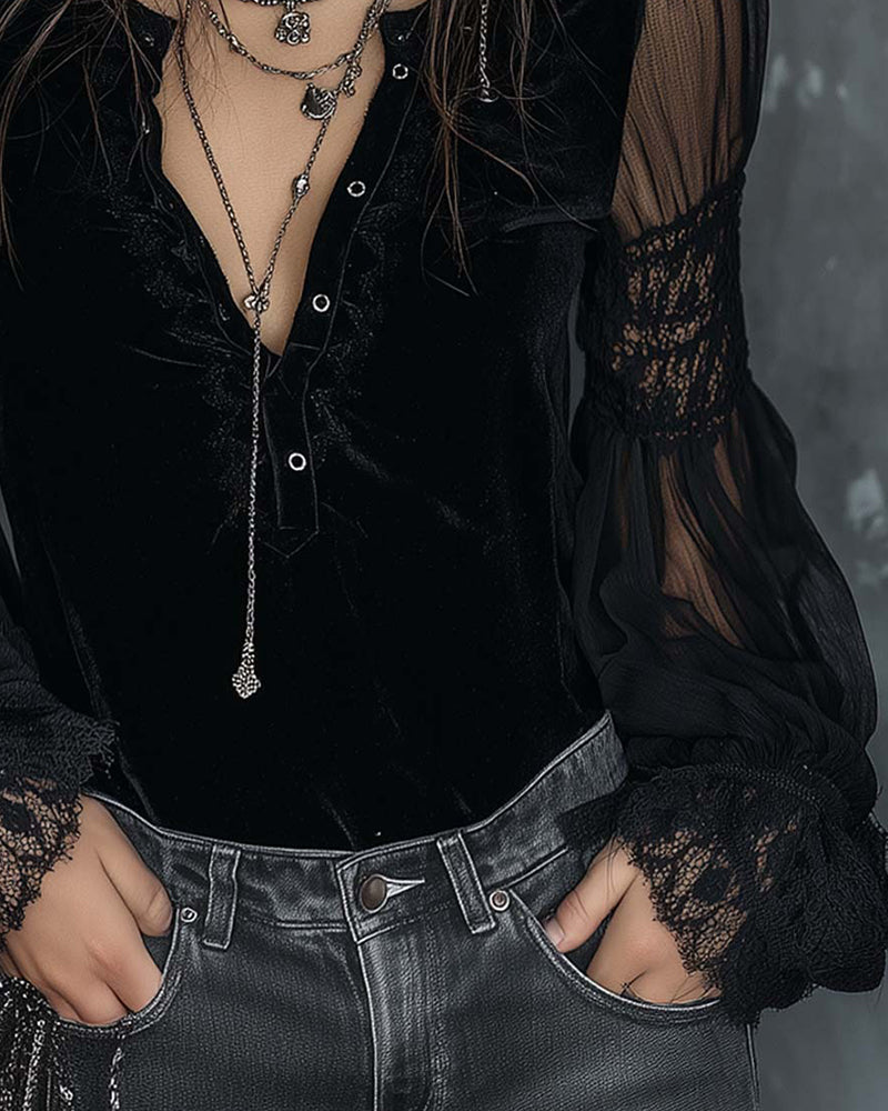 Button-Down V-Neck Puff Sleeve Blouse